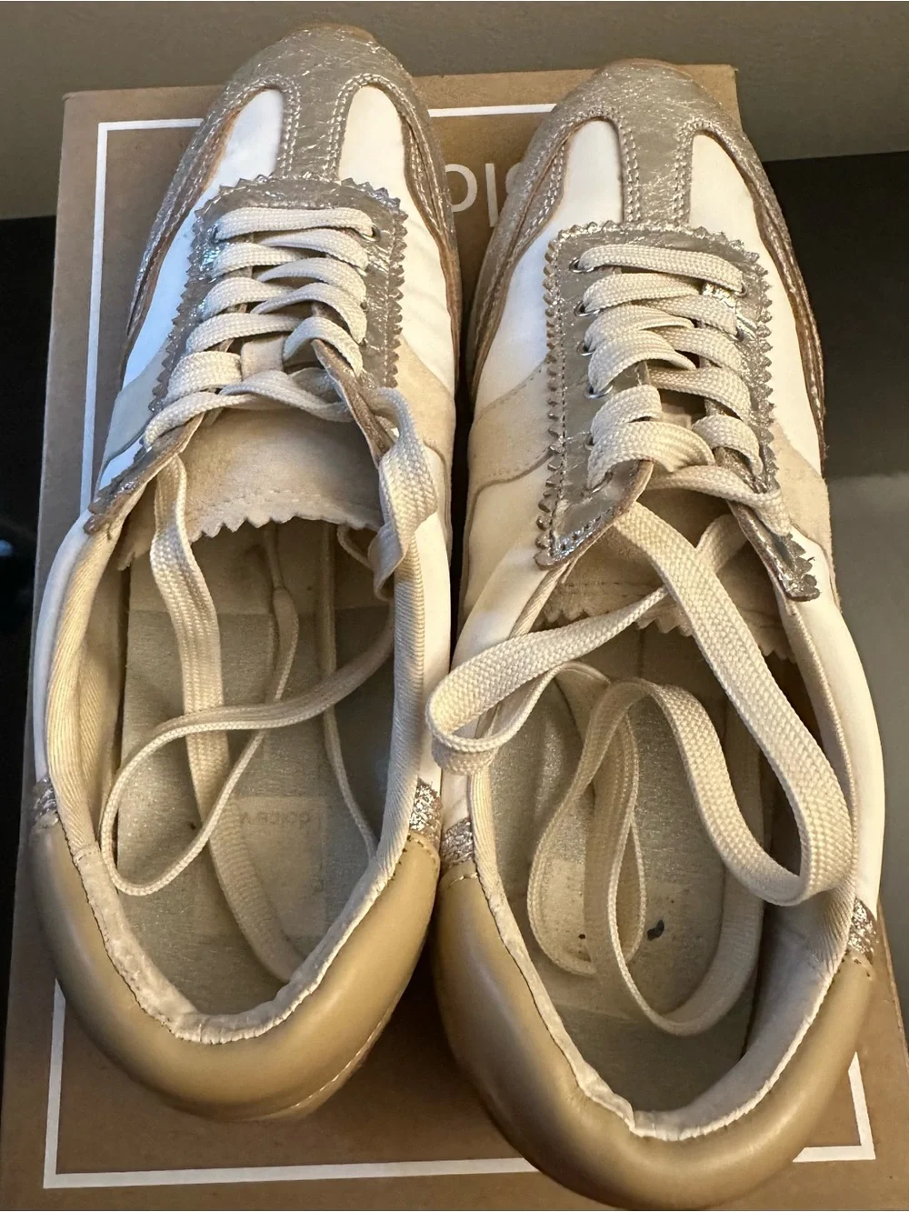 Dolce Vita Cream Sneakers with Silver Metallic Trim